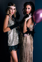 Roaring twenties poster flapper party girl, vintage 20s fashion style and make up and hairstyle,...