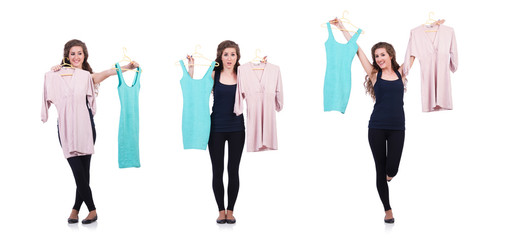 Obraz premium Woman trying new clothing on white