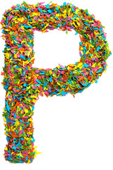 Colourful capital english letter P made of confetti isolated on white background