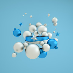 3d rendering abstract blank green background with Christmas ornaments. colorful stars. Round podium, blank pedestal, empty space. Cylinder platform. Product showcase mockup