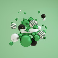 3d rendering abstract blank green background with Christmas ornaments. colorful stars. Round podium, blank pedestal, empty space. Cylinder platform. Product showcase mockup