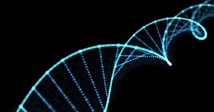 DNA helix, gene molecule and genetic chromosome cell, 3D spiral loop. Human DNA molecule blue light on black background for molecular genetic science, genome biotechnology and health medicine