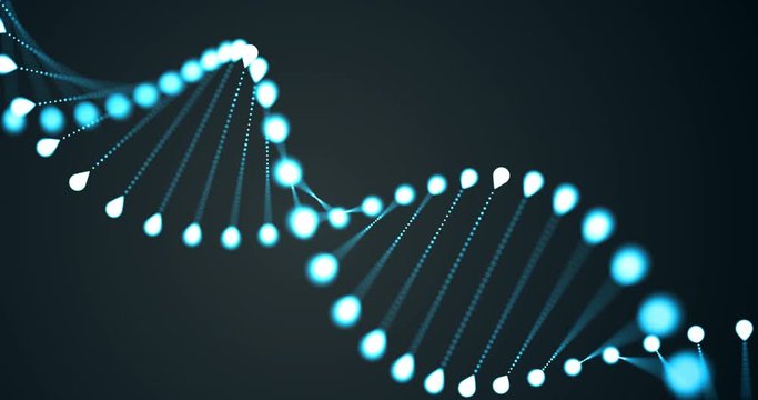 DNA helix spiral, gene chromosome molecule, genetic cell 3D blue light loop on black background. DNA molecule for molecular genetic science, human genome biotechnology and medicine research