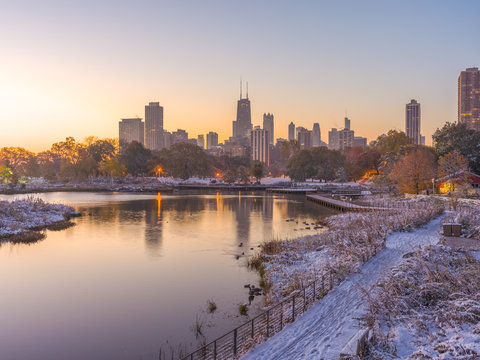 Chicago downtown skyline Lincoln Park sunrise morning pond snow