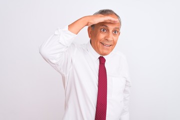 Senior grey-haired businessman wearing elegant tie over isolated white background very happy and smiling looking far away with hand over head. Searching concept.