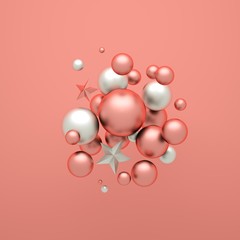 3d rendering background. white balls, stars isolated. Festive clip art. Arrangement of levitating objects.