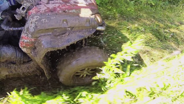 Side view of extreme quadrocycle is actively riding and moving along offroad with mud, grasses and bushes outside on sunny warm day.