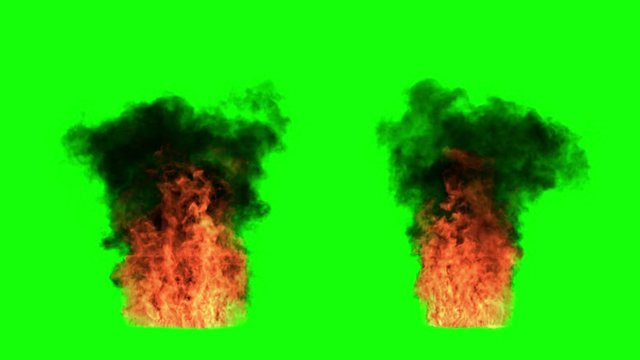 Box set on fire and burning isolated on green screen with smoke flying to the top
