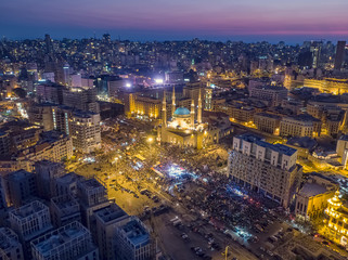 Fototapeta na wymiar Aerial Night shot of Beirut Downtown, Lebanon during protest against Government, Lebanese revolution,