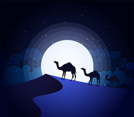 Camels in the desert night, moon
