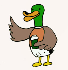 a duck holding coffee cup