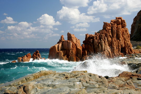 View of Red Rocks, red cliffs called "Rocce Rosse" in Arbatax, Sardinia