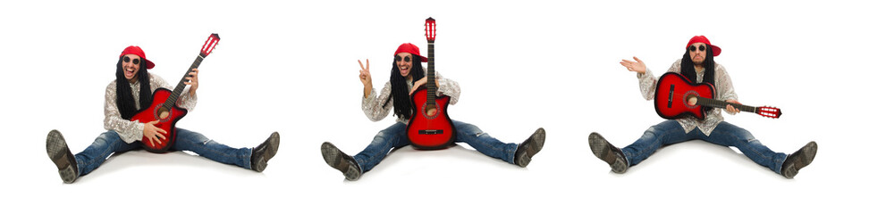Male musician with guitar isolated on white