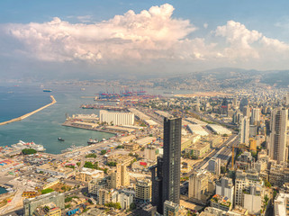 Naklejka premium Aerial view of Beirut city, Lebanon; Drone shot of beirut & Port of beirut 