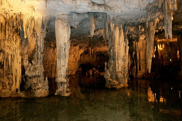 Scenic view of Neptune's cave (Grotte di Nettuno) is a stalactite cave near the town of Alghero,...