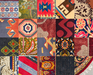 Rich vibrant colorful background from oriental handmade carpets.Composite image, collage from square fragments of handwoven Turkish carpets made of wool and silk.