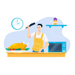 Young man cooking for a Thanksgiving dinner or supper. Colorful vector flat illustration cartoon style.