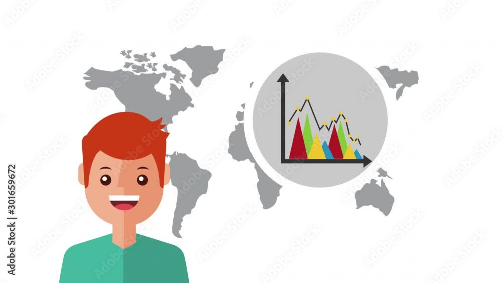 Poster man with world map and statistics graphic