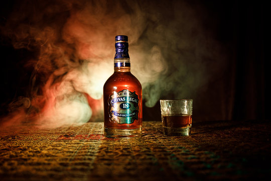 BAKU, AZERBAIJAN &ndash; MARCH 25, 2018: Blended from whiskies matured for at least 18 years, Chivas Regal 18 Gold Signature is a blended Scotch whisky produced by Chivas Brothers in Keith, Scotland. 