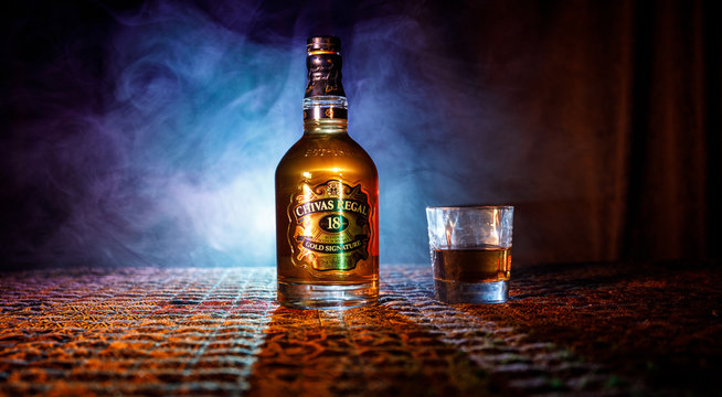BAKU, AZERBAIJAN &ndash; MARCH 25, 2018: Blended from whiskies matured for at least 18 years, Chivas Regal 18 Gold Signature is a blended Scotch whisky produced by Chivas Brothers in Keith, Scotland. 