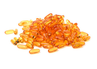 Vitamin Omega-3 fish oil capsules on white background