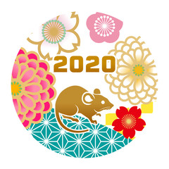 2020年　ネズミと和花柄　円形クリップアート - 子年年賀状素材
