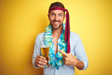 Hangover business man drunk and crazy for hangover wearing tie on head drinking beer very happy...