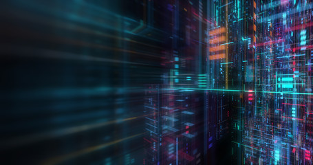 abstract futuristic technological background, floating circuits, charts, digits elements. Nano chip circuit, modern micro electrons on digital gadget board 3D render