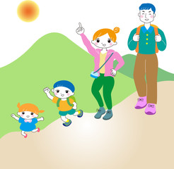 ハイキング　家族　4人セット　笑顔　表情　夫婦　子ども　カラフル　スタイリッシュ