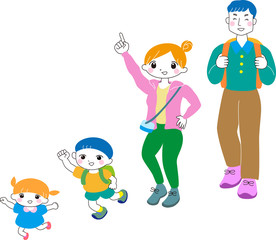 ハイキング　家族　4人セット　笑顔　表情　夫婦　子ども　カラフル　スタイリッシュ