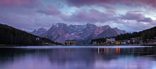 Dolomite Alps. Landscape with  a view on the lake Misurina and mountains behind it after sunset.