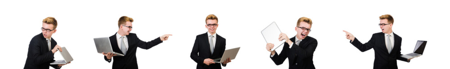 Young businessman with laptop isolated on white