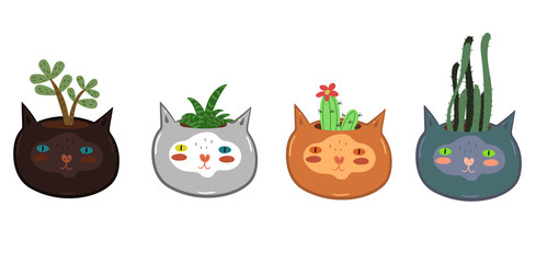 Set of pots for indoor plants in the shape of cat s heads isolated on a white background. Vector graphics.
