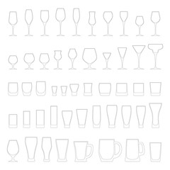 Vector illustration of alcohol glassware line icons. Fully editable 50 empty glasses for wine, beer, whisky, cognac and other alcohol drinks. Different types of stemwares, beakers and mugs isolated.