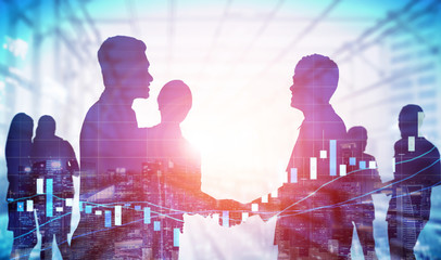 Double exposure image of many business people conference group meeting on city office building in...