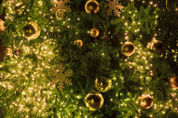 Obraz na płótnie Canvas Close-up Christmas tree with decoration, light and gold ball at night in Christmas and New Year holiday.