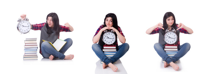 Young female student missing her deadlines on white