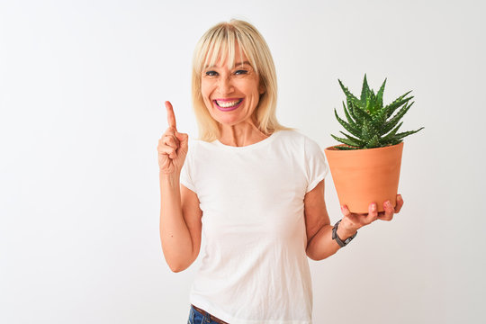 Middle age woman holding cactus pot standing over isolated white background surprised with an idea or question pointing finger with happy face, number one