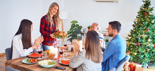 Beautiful family meeting smiling happy and confident. Person standing holding roasted turkey celebrating Christmas at home