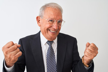 Senior grey-haired businessman wearing suit and glasses over isolated white background very happy and excited doing winner gesture with arms raised, smiling and screaming for success