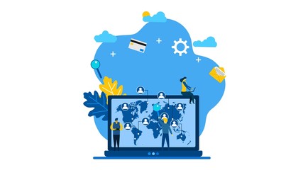 People interacting with big data. Data visualization concept with Tiny People Character Concept Vector Illustration, Suitable For web landing page,Wallpaper, Background, Card, banner,Book Illustration