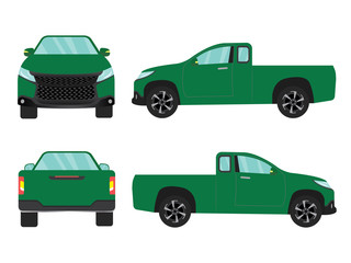 Set of green pick up truck car view on white backgruond,illustration vector,Side, front, back,Business sedan isolated