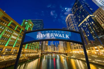 Tuinposter The landmark Chicago riverwalk label over cityscape river side, United states of America, USA downtown skyline, Architecture and building with tourist concept © THANANIT