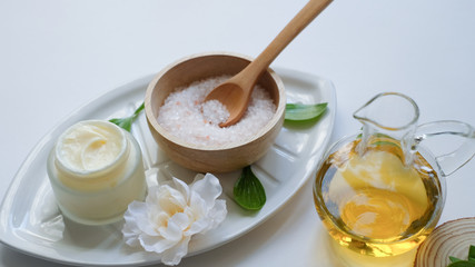 spa and skin care product with luxury natural ingredient . Himalaya pink salt and natural massage essential oil.