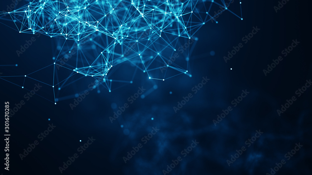 Poster abstract connected dots and lines on blue background. communication and technology network concept w