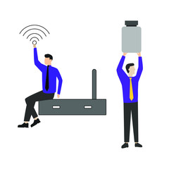 Set of flat cartoon character isolated with man and router, man and bank