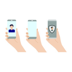 Set of colored icons with hand and phone, person signs and shield.