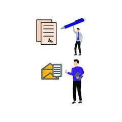 Set of flat cartoon character isolated with man with pen and document, man and letter.