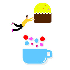 Set of flat cartoon characters isolated with man and Easter cake, mug with bubbles