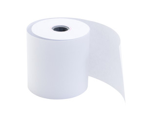 Roll of cash register tape ( slip receipt  paper roll) isolated on white background with clipping...
